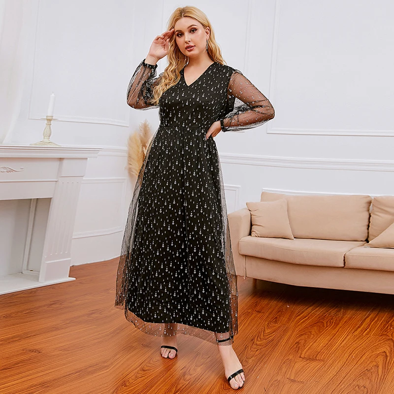 Women Black Lace Plus Size Maxi Evening Dresses With Sequined Mother Of the Bride Dresses