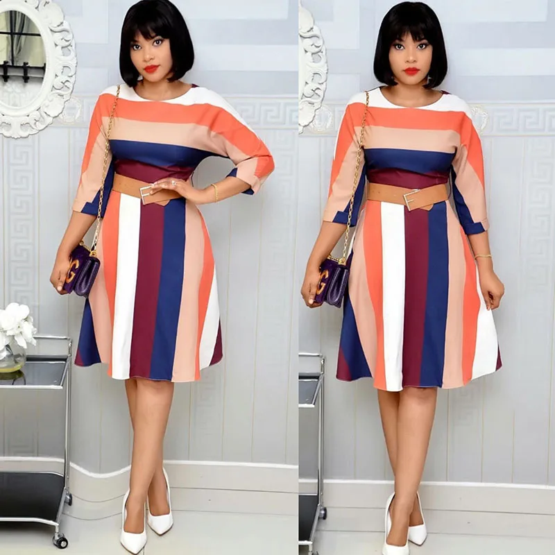 Hot Sale Africa Dresses for Women Good Quality Digital Printing Stitching Large Size Commuter Dress With Belt