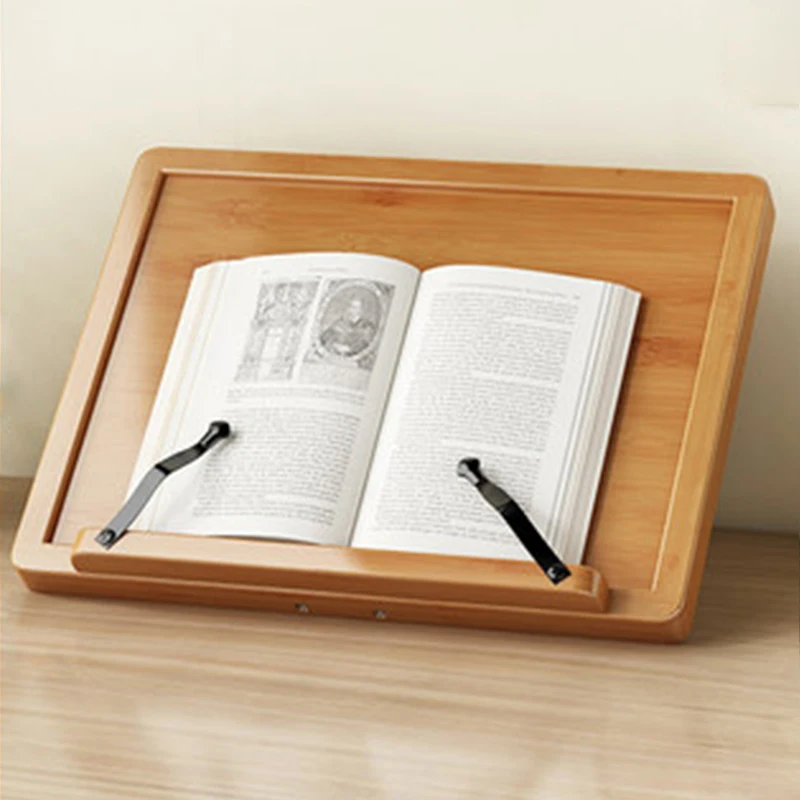 Custom Portable Bamboo Book Stand Foldable Adjustable Book Holder Tray With Paper Clips Cookbook Reading Desk Sturdy Stand