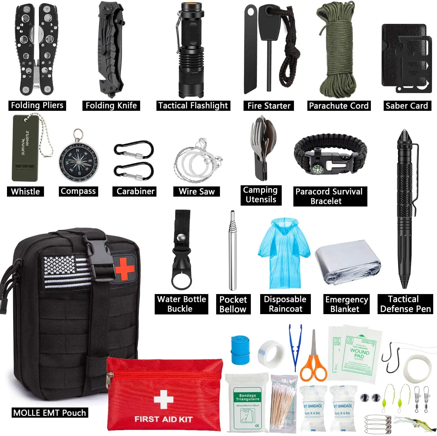 Emergency Survival Kit 47 in 1 Professional Survival Gear Tool First Aid Kit SOS Emergency Tactical Flashlight Knife Pliers Pen