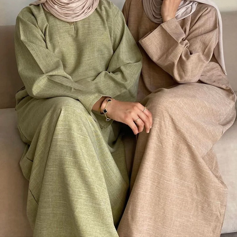 2024 OEM EID Dress High Quality Muslim Robe Islamic Clothing New Fashion Dubai Abaya Women Muslim Dress Custom Linen Close Abaya