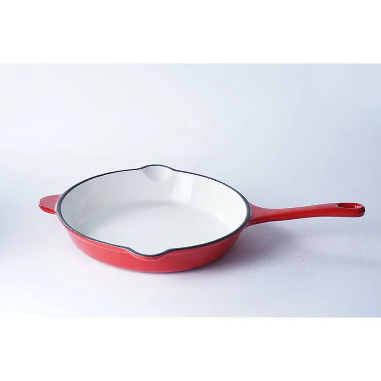 Fashion design classic red flat-bottomed cast iron enamel BBQ grill cookware skillet steak pan fry pan with handle for cooking