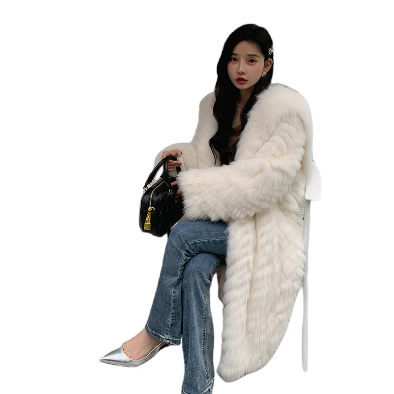 New Design Winter Knitted Fur Jacket Natural Fur Trim Fluffy Luxury Real Women Fox Fur Coat