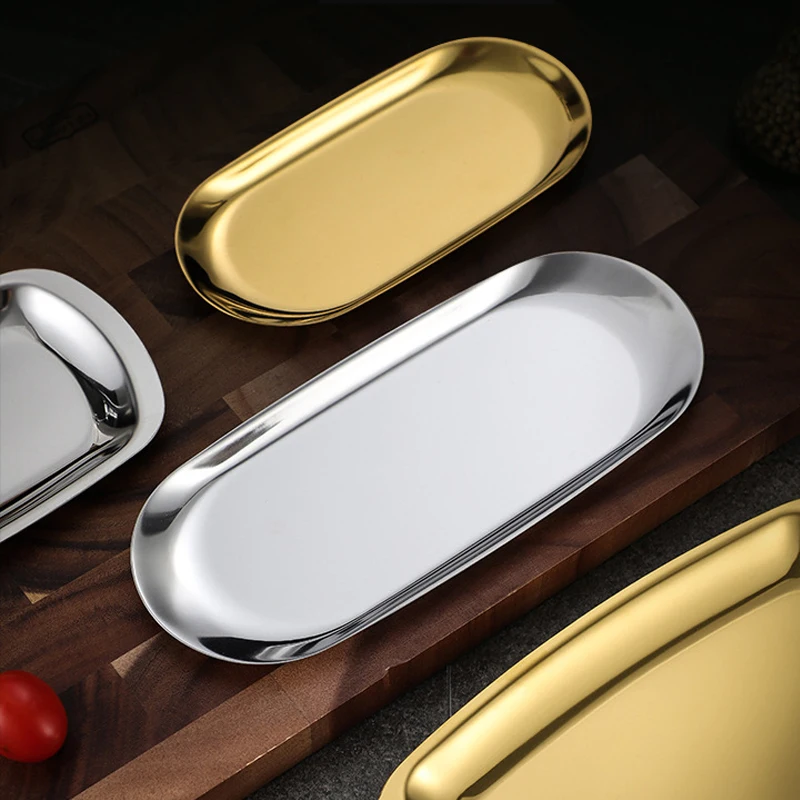 Commerical Restaurant Stainless Steel Silver Golden Oval Rectangle Serving Dish Plate Dessert Plat Steak Fruit Dish