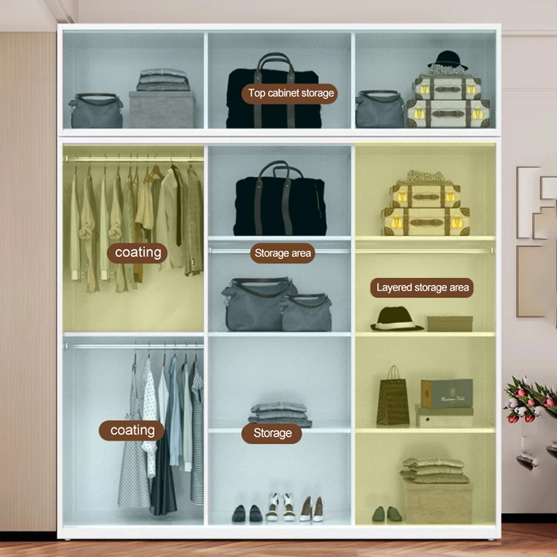 Home Furniture Metal Almirah with Mirror 3 Swing Door Iron Storage Pattern Cabinet Steel Bedroom Wardrobe