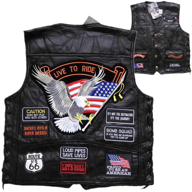 2019 Mens Eagle Patch Black Genuine leather Motorcycle Vest Vintage US Flag Sheepskin Sleeveless Biker Jackets Gray Patch