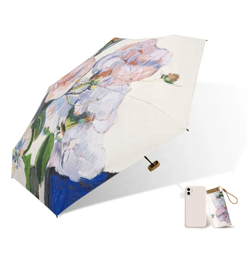 Giveaway Paraguas Pocket Size Small Capsule Sun UV Coating Custom Oil Painting Mini 5 Folding Umbrella with Logo