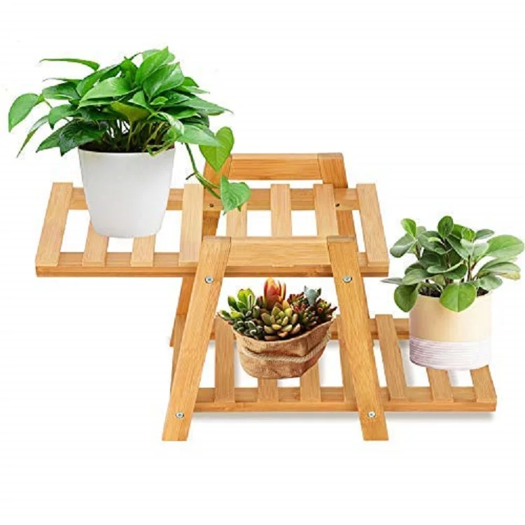 Sample Available Wholesale Bamboo Wooden 2-Tier Flower Pot Display Garden Rack Plant Stand Flower Display Shelf Rack