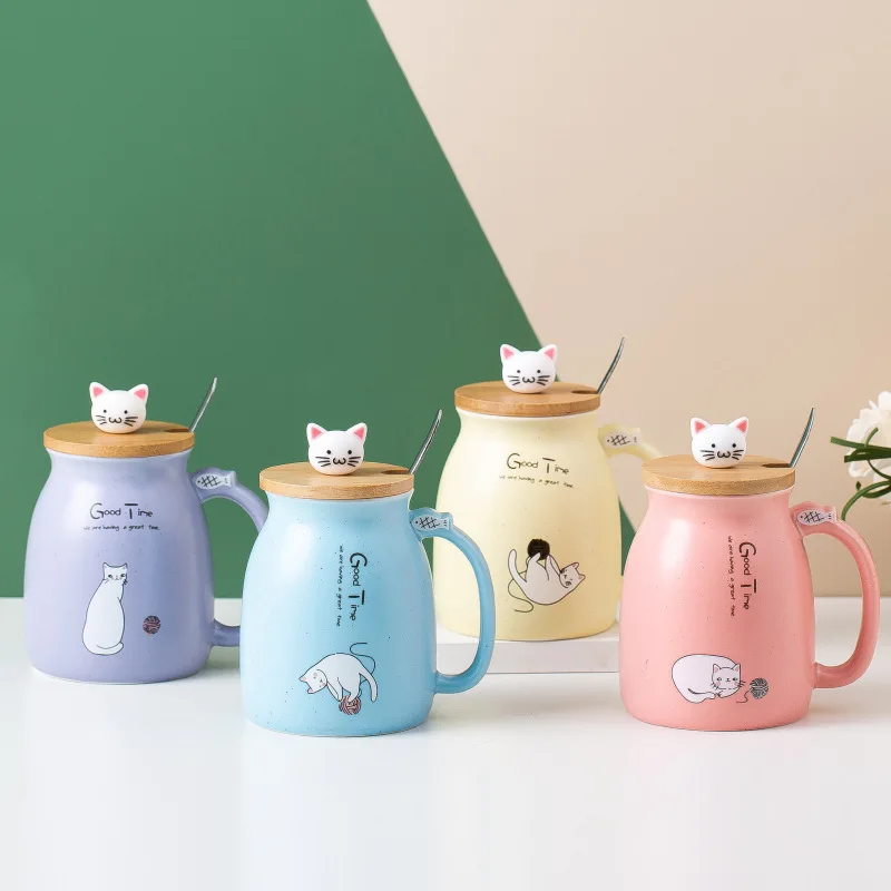 Cute cartoon cat mark breakfast milk cup with lid spoon coffee cup large capacity cat cup ceramic
