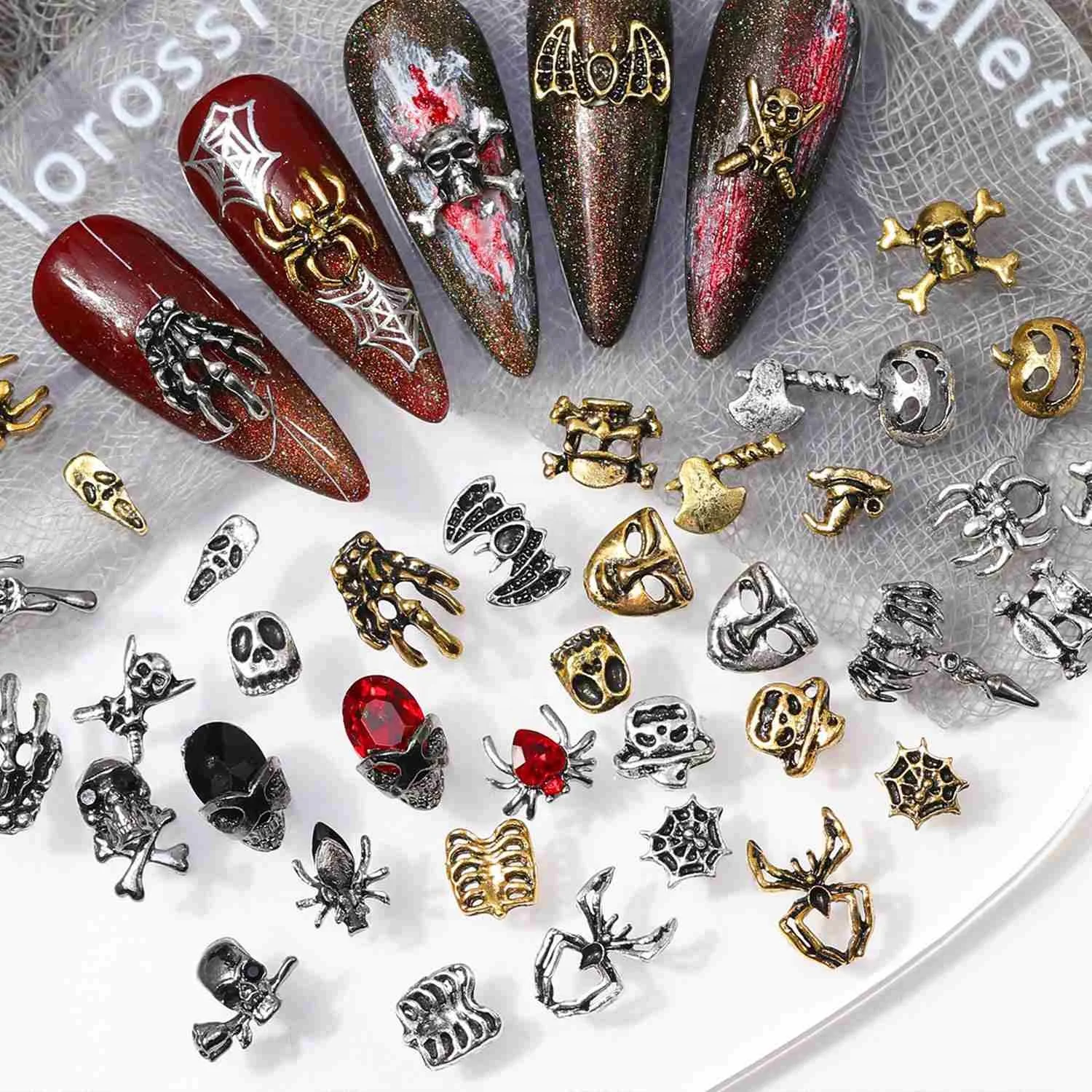 3D Metal Halloween Nail Art Decoration Accessories Skull Spider Bat Charms Parts Manicure Decor Nail Supplies Materials