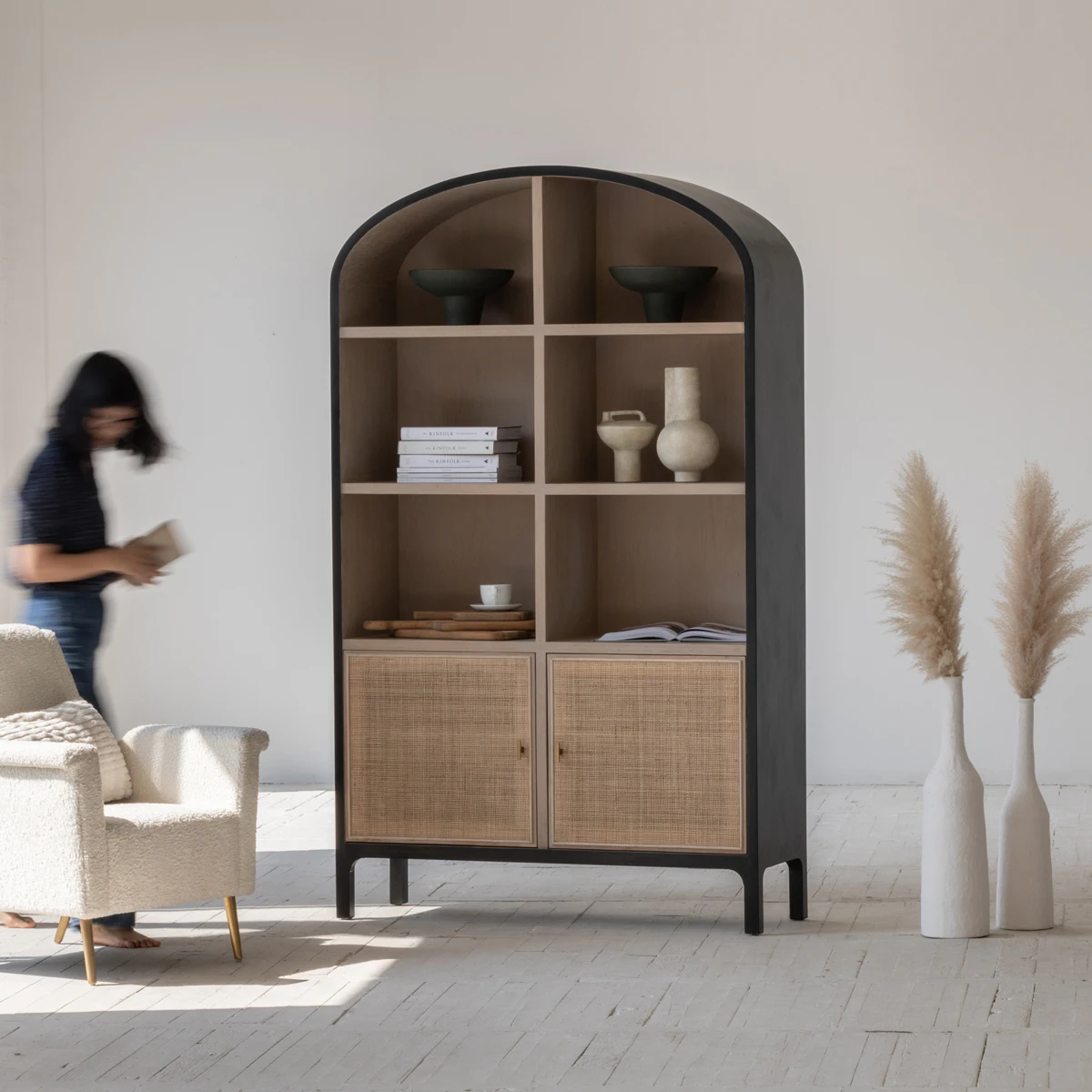 Antique Boho House Organic Furniture Oak Rattan showcase Corner Living Room Accent Arched Storage Wine Cabinets