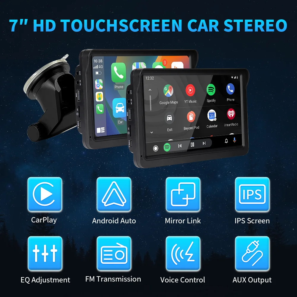 KLYDE Portable Wireless Carplay Android Auto Car Radio Autoestereo 7 Inch Touch Screen GPS Navigation Smart Car Monitor PND