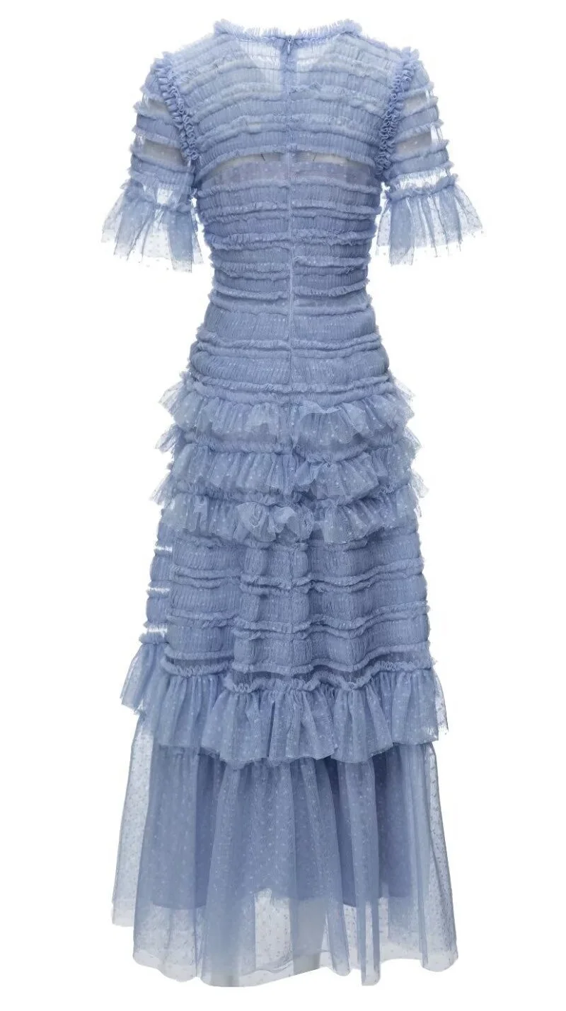 Ball Gown Party Evening Women Long Dress 2024 Summer Autumn Ladies Polka Dot Prints Cascading Ruffle Mesh Blue Pink Beige Dress