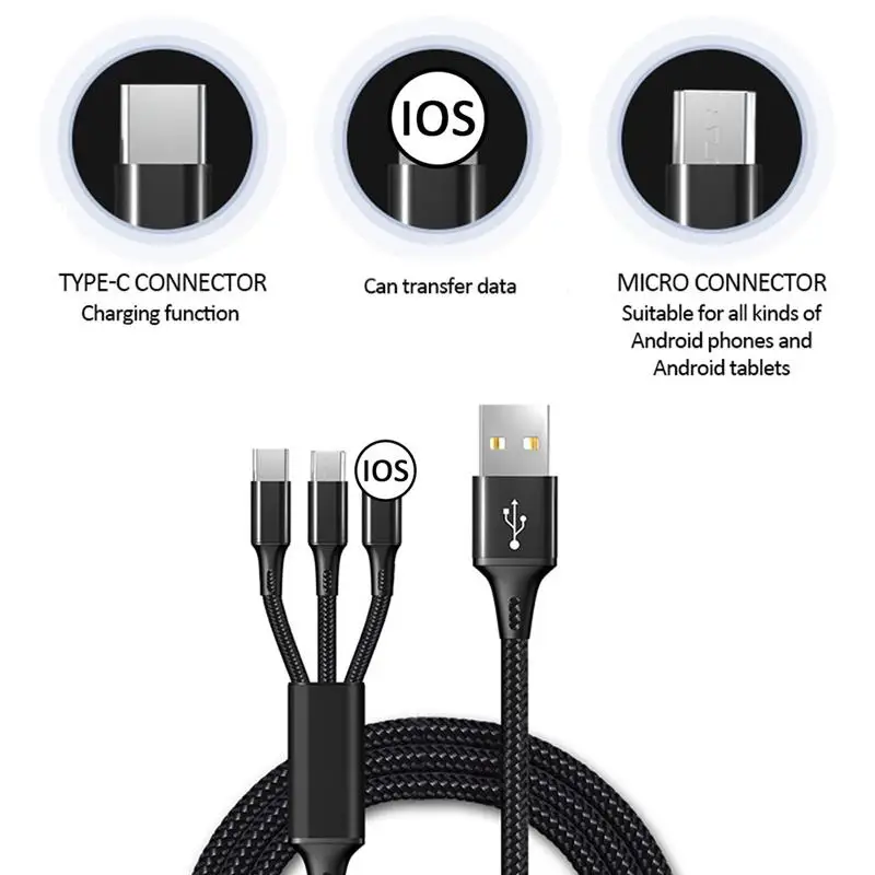 2022 Hot sell  1.2M 3 In 1 Micro USB Type C Charger Cable Multi Usb Port nylon braid Usb Charging Cable For Mobile Phone Cables