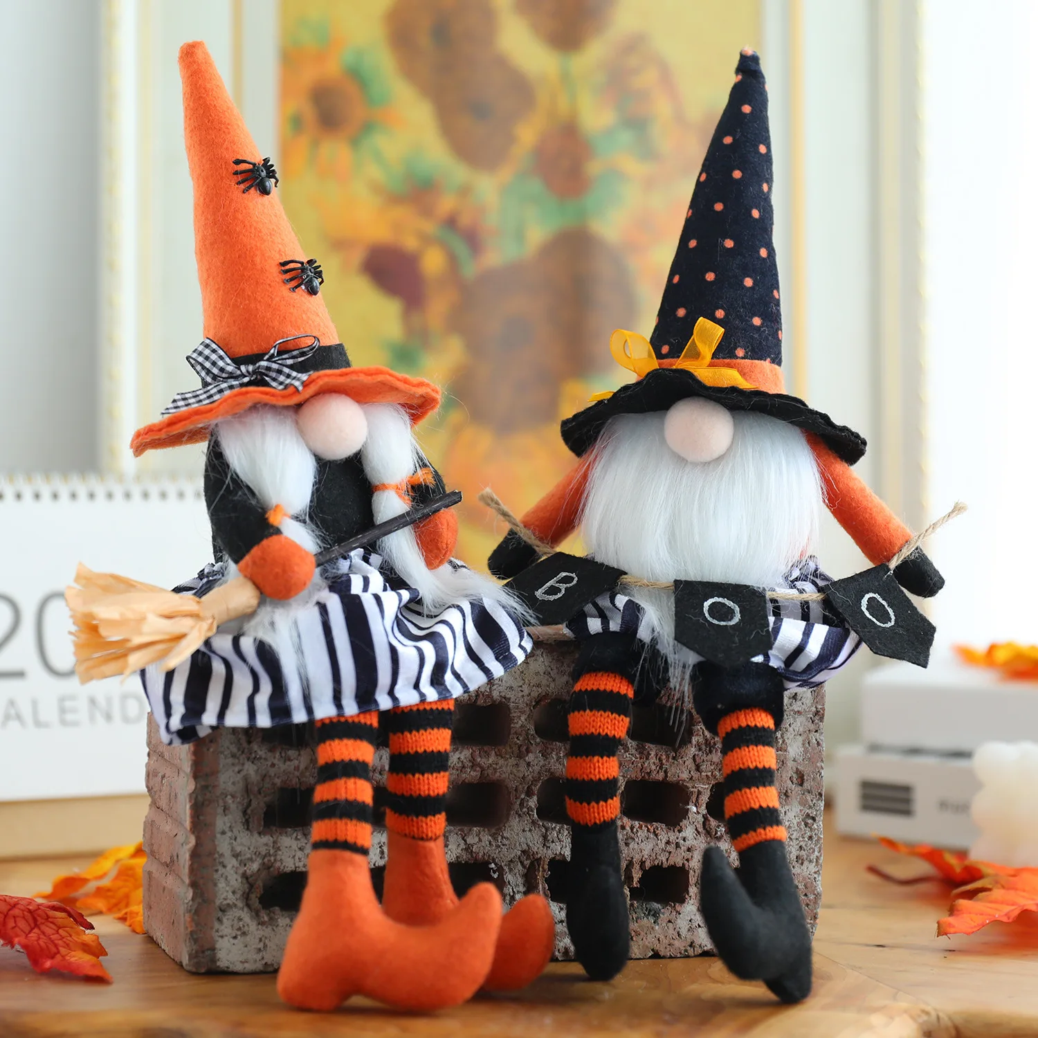 Halloween gnomes plush faceless dolls  handmade broomsticks black flags long legs tall hats faceless dolls for Halloween decors