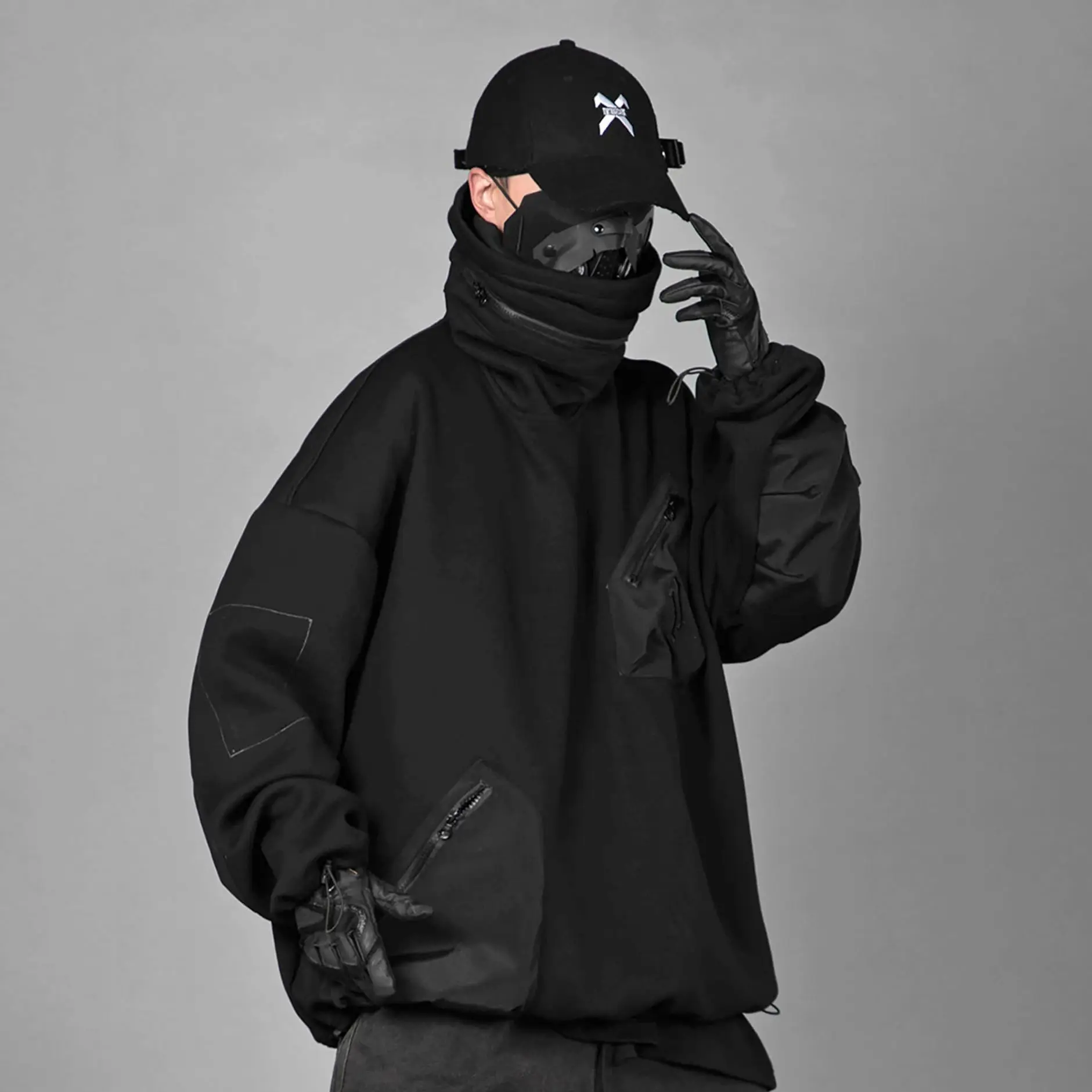 DOVEN OEM Custom Logo Design Full Face Cover Masked  Heavyweight Hoodie Color Block Sherpa Fleece Oversized Ninja Hoodies