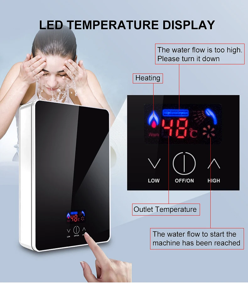 New design 3.5KW led display mini tankless electric instant shower water heater for multi-application scenario