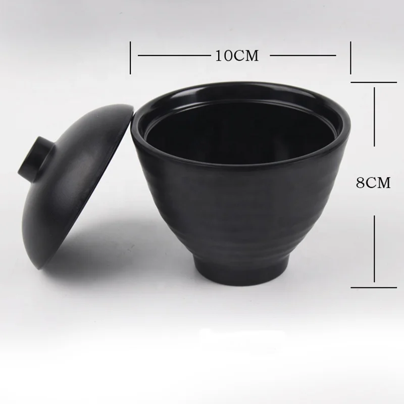 Japanese Miso Soup Serving 4 Inch Black Matte Melamine Rice Bowl with lid