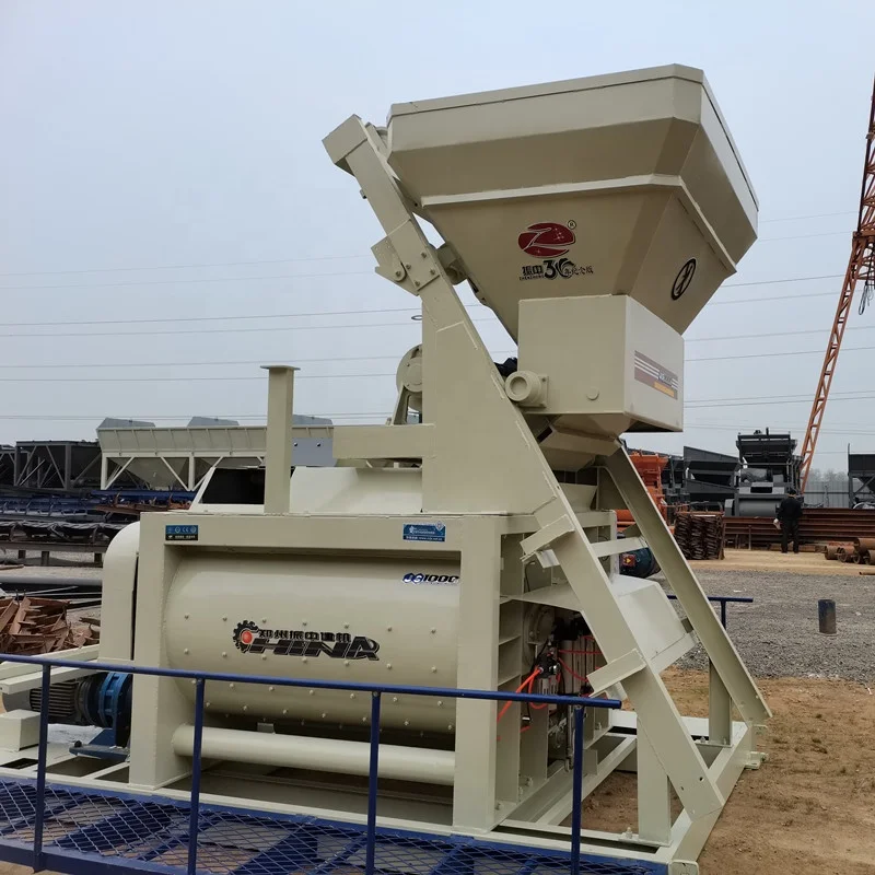 Js1000 Double Twin Shaft Froced Cement Mixer Concrete With Belt Transmission Concrete Mixer With Cement Hopper