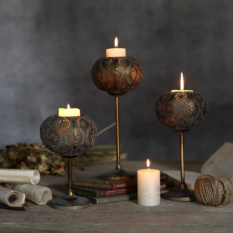 European Antique Copper Wrought Iron Carved Romantic Home Wedding Decor Retro Metal Candle Holders