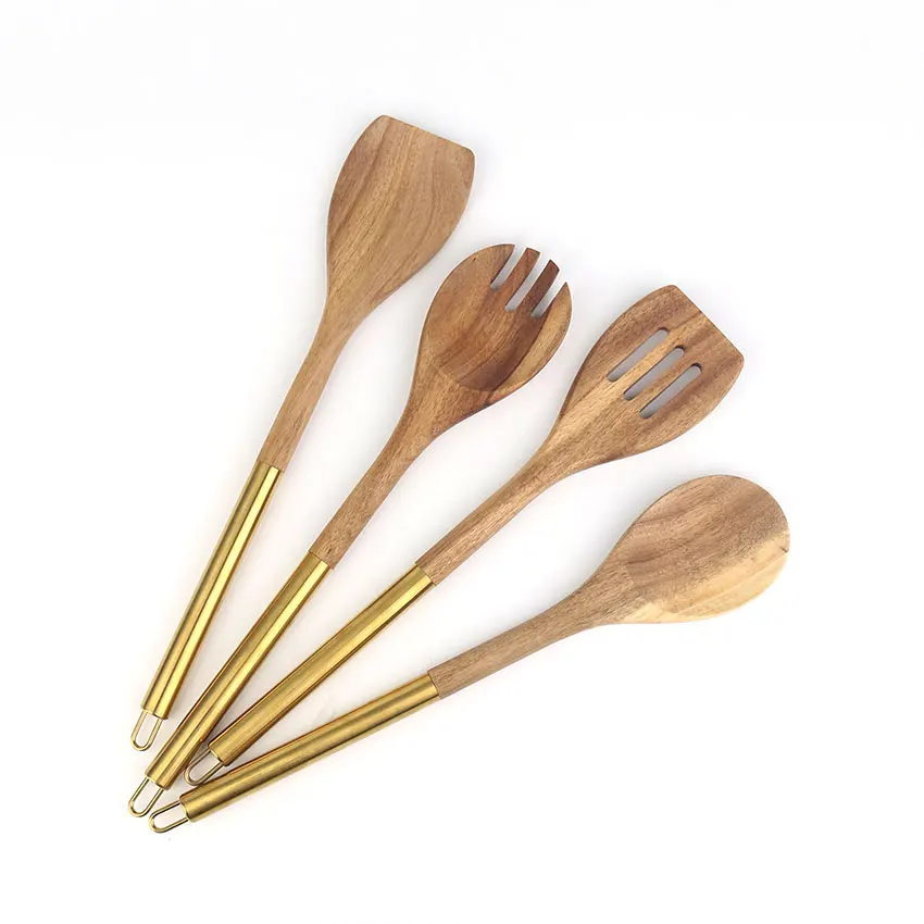 Custom Acacia Wood Cooking Tools,Accessoires De Cuisine,Kitchen Utensils Set Wood Spoon Metal Hand