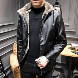 New Style OEM Raidyboer Solid Color Elegant Fleece PU Jacket with Stand Collar and Hood for Men