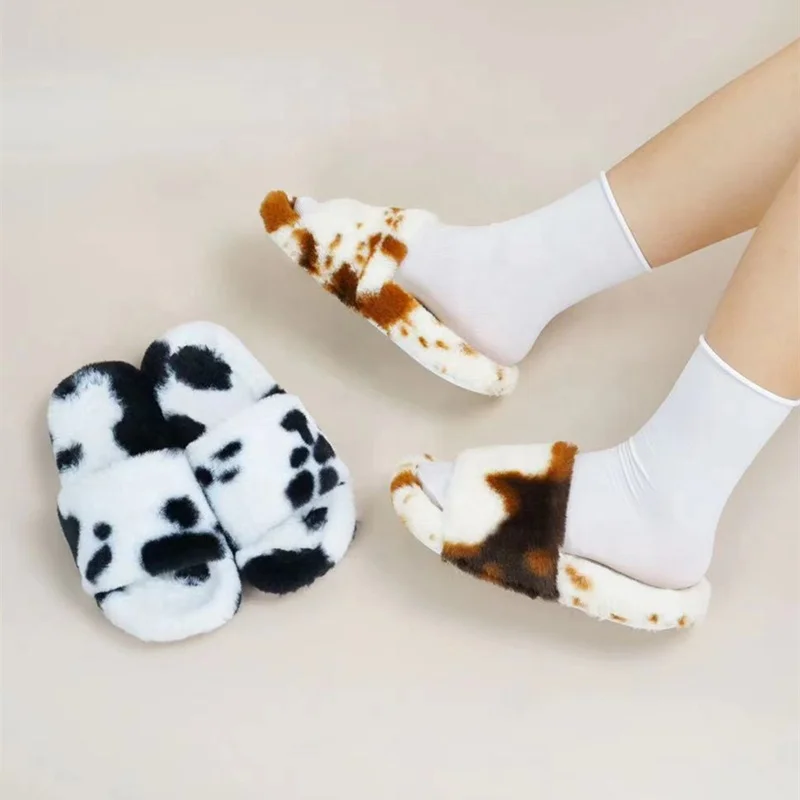 Light Soft Dairy Cow Print Fur Slippers Winter Warm Plush Shoes Slides for Women Girls House Flat Slides Wholesale