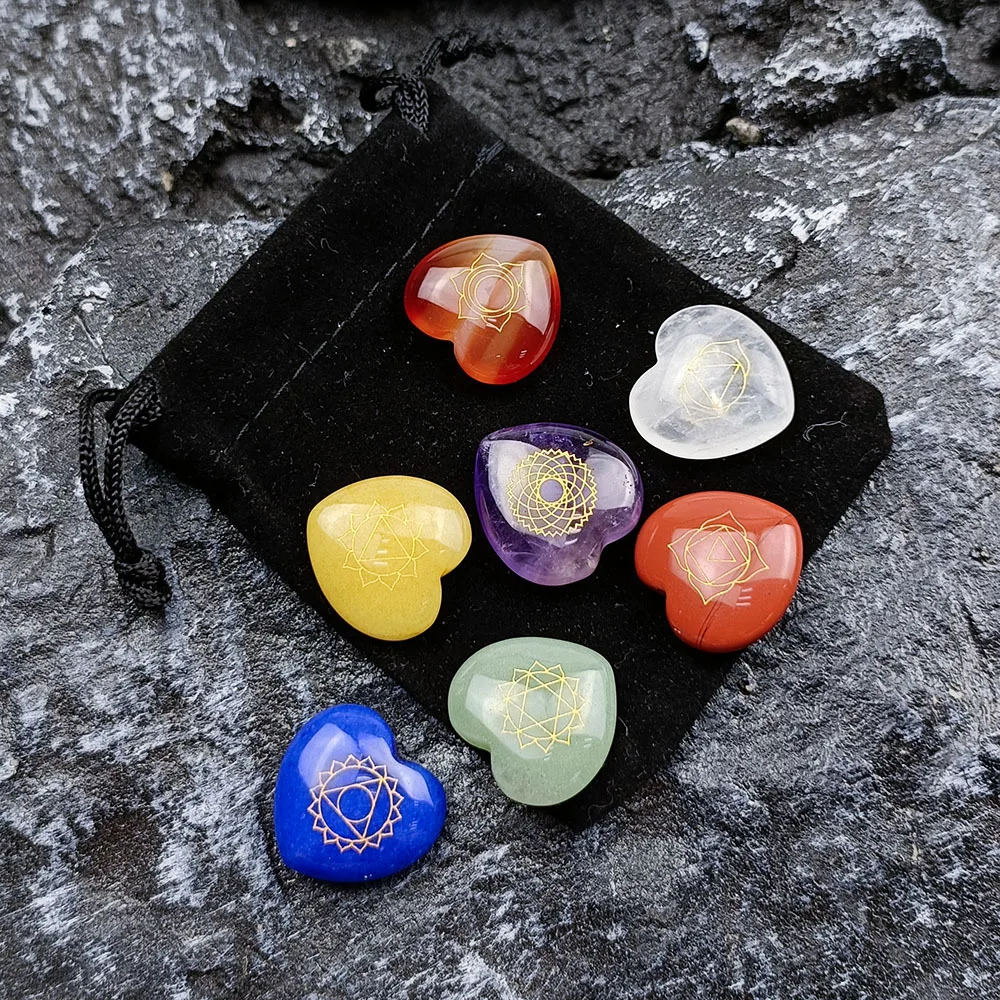 7pcs Chakra Natural Stones Beads Ornament for Jewelry Making Engraved Symbols Polished Stone Reiki Healing Stone Divination Gift
