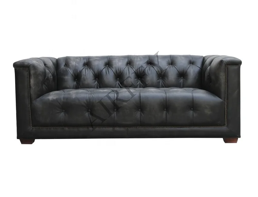 Vintage Antique Aluminum Covered Aviation Club Black Genuine Leather Chesterfield Sofa Set Furniture