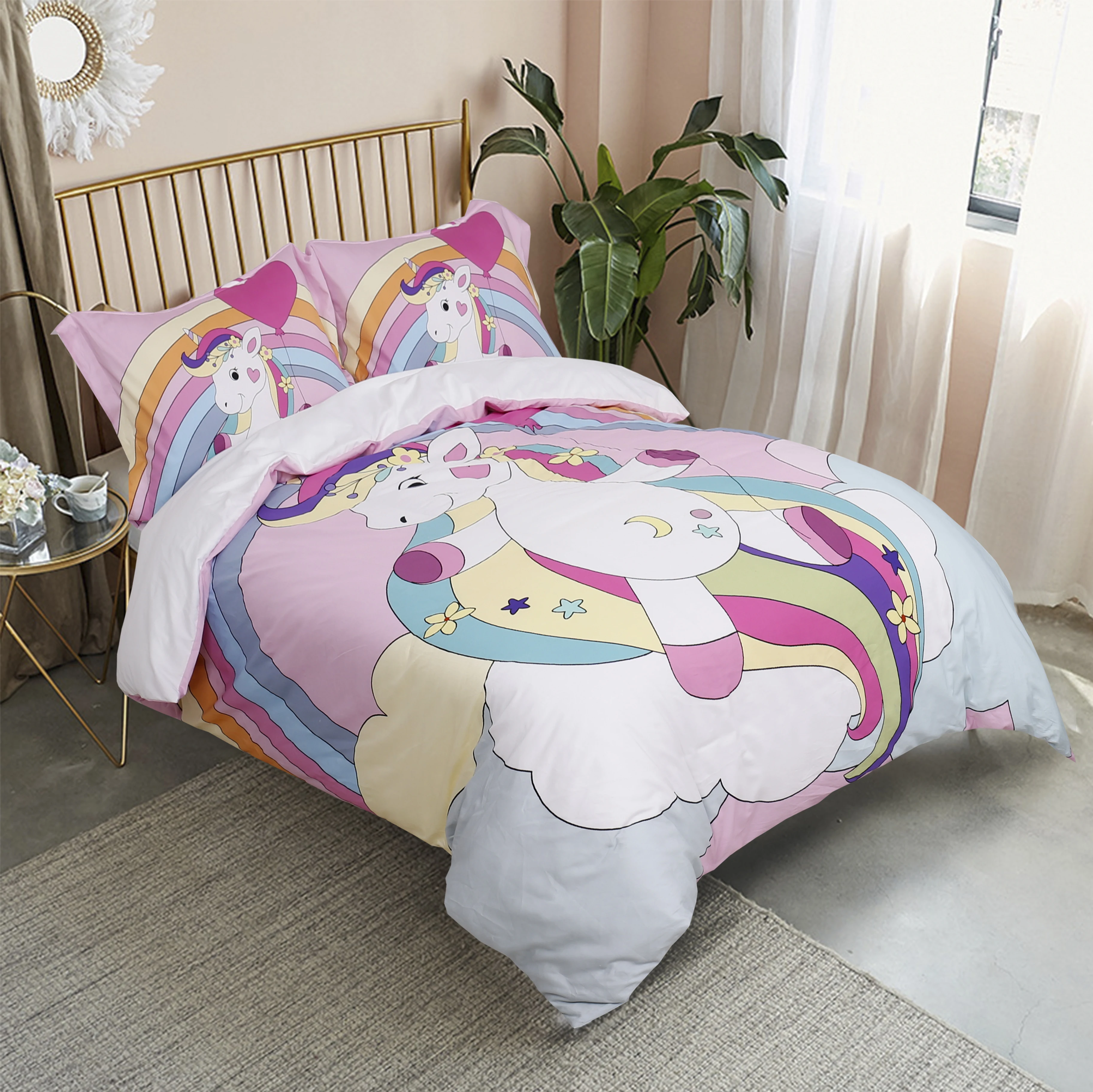 New Arrival kid unicorn cartoon bedding set 100% cotton custom four pcs set