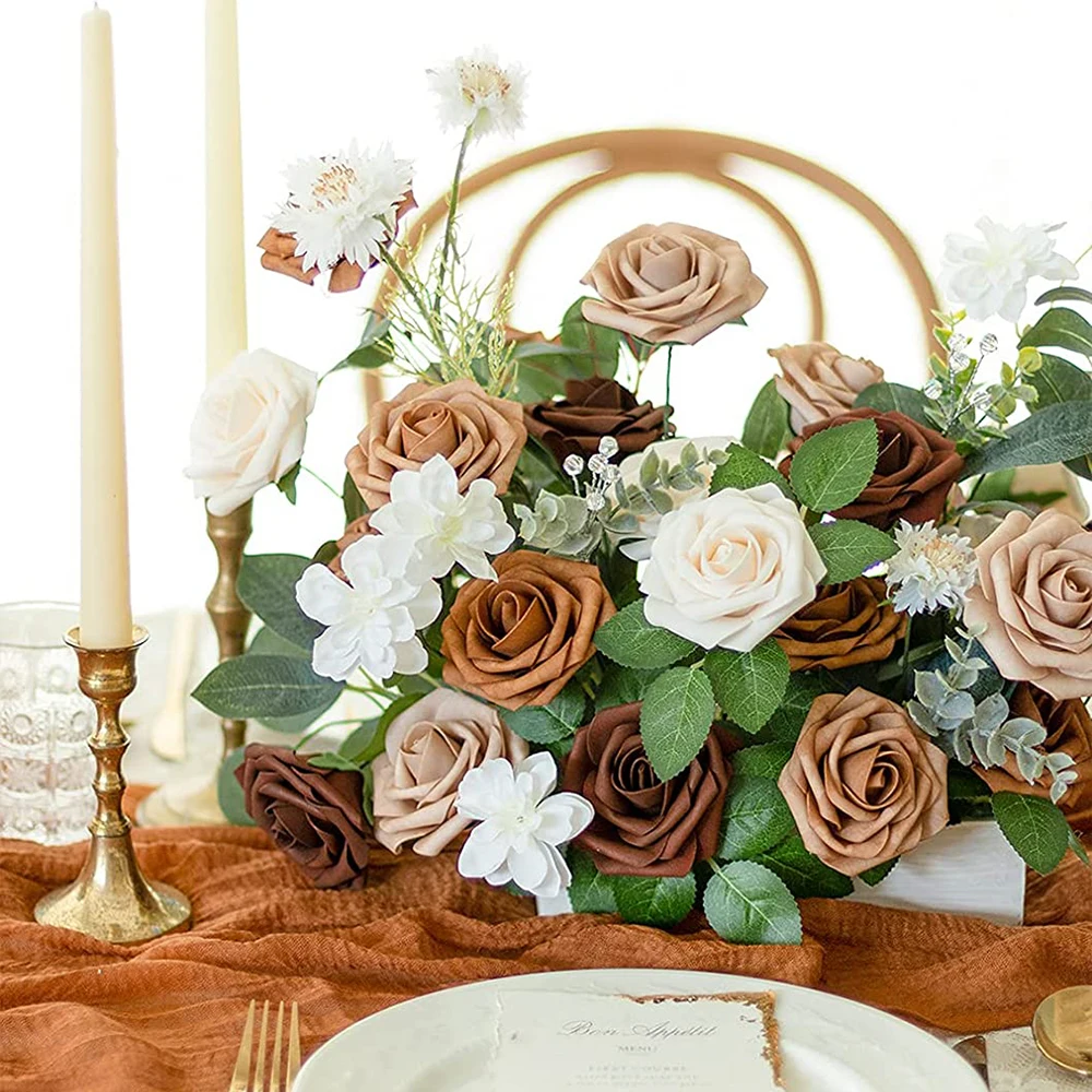 Ombre Artificial foam PE roses flowers shades of burnt orange rose for runner wedding table flower arrangement