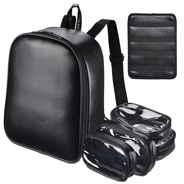 custom black dresser PU leather artist cosmetic backpack bag for makeup barber backpack