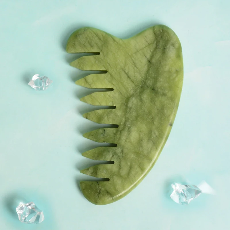Amazon Hot Selling Hair Comb Head Natural Guasha FacE Lifting Massage Green Jade Hair Comb Set Gua Sha