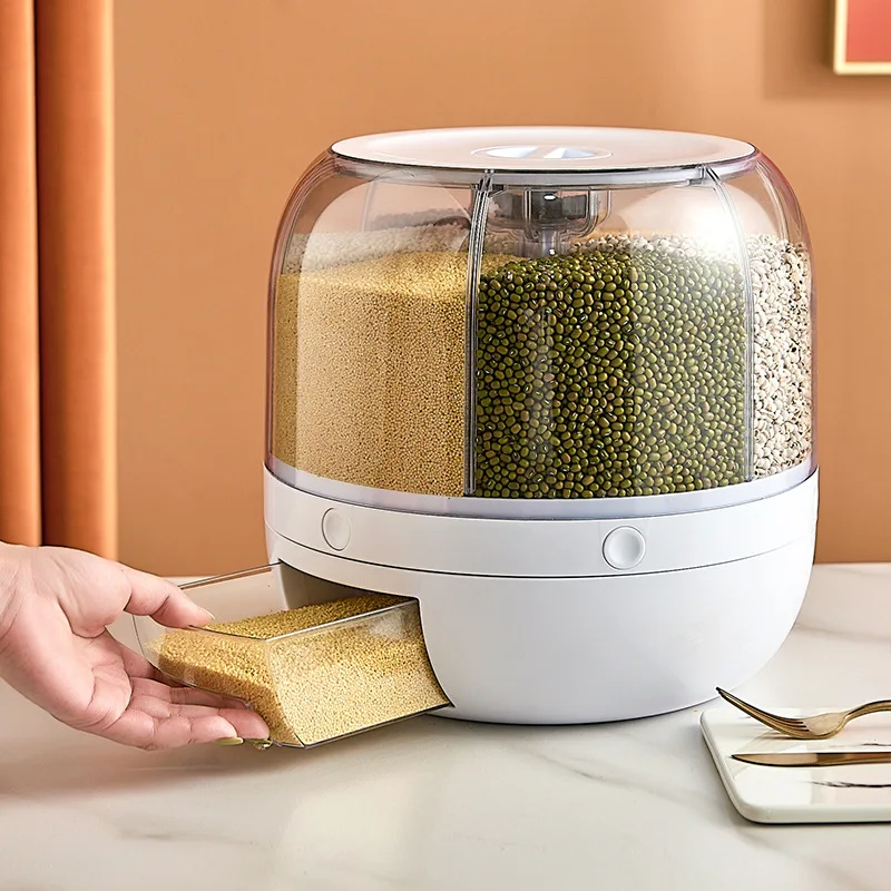 6 in 1 Rotating Plastic Round Rice Cereal Grain Dispenser Compartment Dry Food Storage Container for Kitchen
