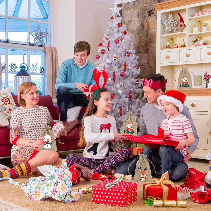 Custom Santa Sack Candy Presents Linen Burlap  Drawstring Christmas Gift Bag