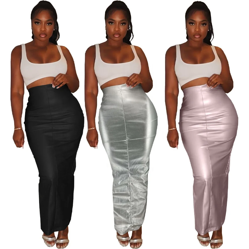 Silver Pink Black Elastic Waist Sexy Straight Long Skirt Lady Boutique Clothing Fall Winter PU Leather Skirts With Split Slit