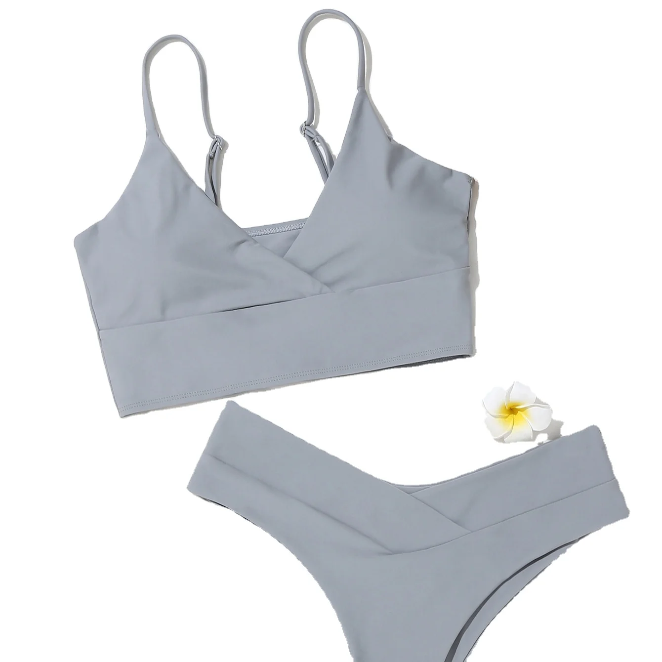 
Swimsuits popular in Europe and America sexy solid color V-neck bikini split swimsuits cross swimsuits 