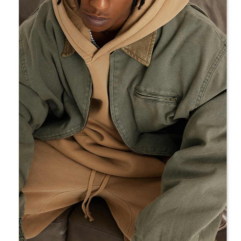 Custom acid Wash fade men jacket Blank zip Denim jacket lapel thick heavy washed warm vintage jacket