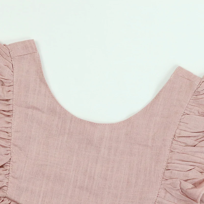 Wholesale Boutique Babi Girl Summer Linen Party Dress Plain Color Designs Ruffle Pink Dresses