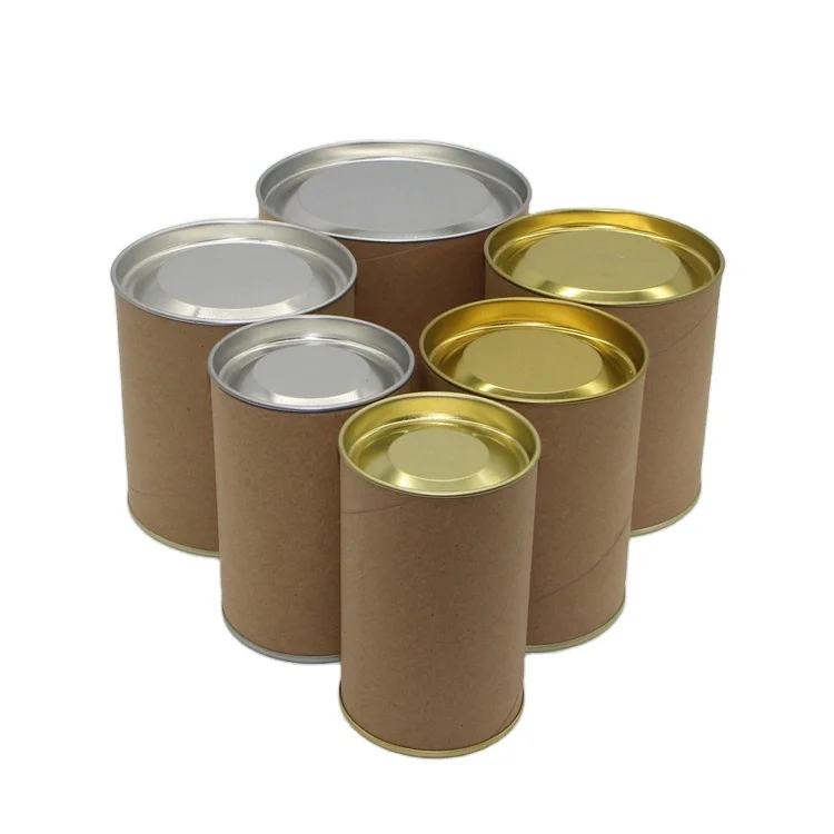 Biodegradable Composite Paper Packaging Box With Metal Tin Lids Ends Kraft Paperboard Tube Paper Can Bottle