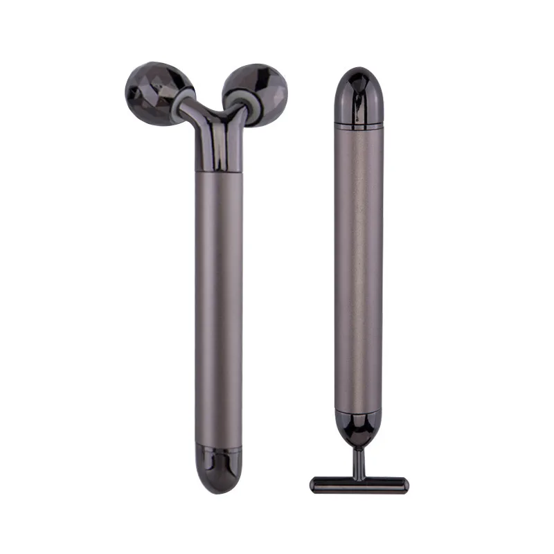 2 pcs set 24k Gold Energy Beauty Bar Vibrating Facial Lifting Skin Care T Shape Electric 3D Face Roller Massage