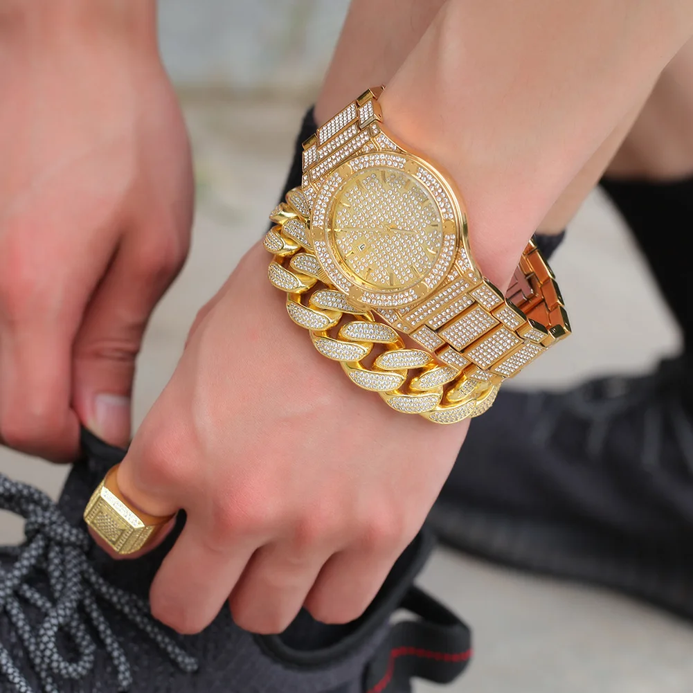 HIp Hop Luxury Brand Fully Iced Out CZ Zircon Big Dial Roman Watches Gold Plated Wrist Quartz Watches for Men