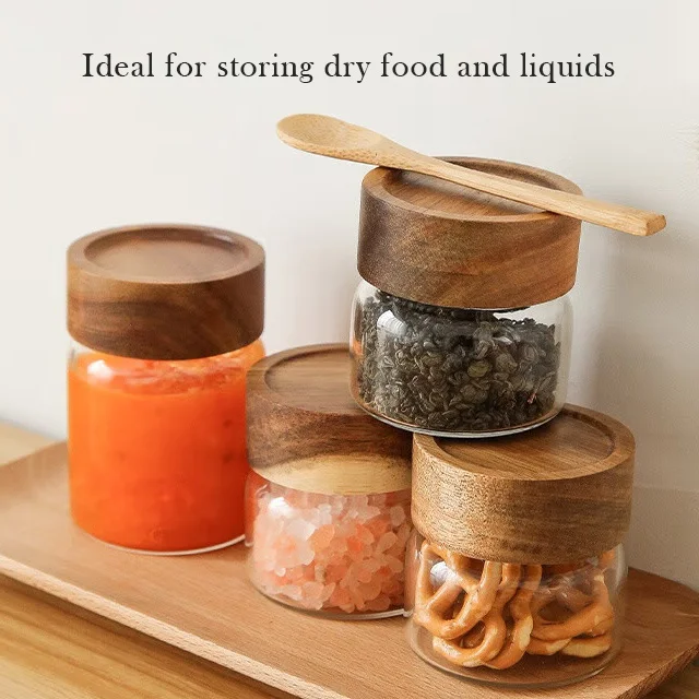 Factory Acacia Screw Seal Spice Container Cover Storage Glass Jar Wooden Lid
