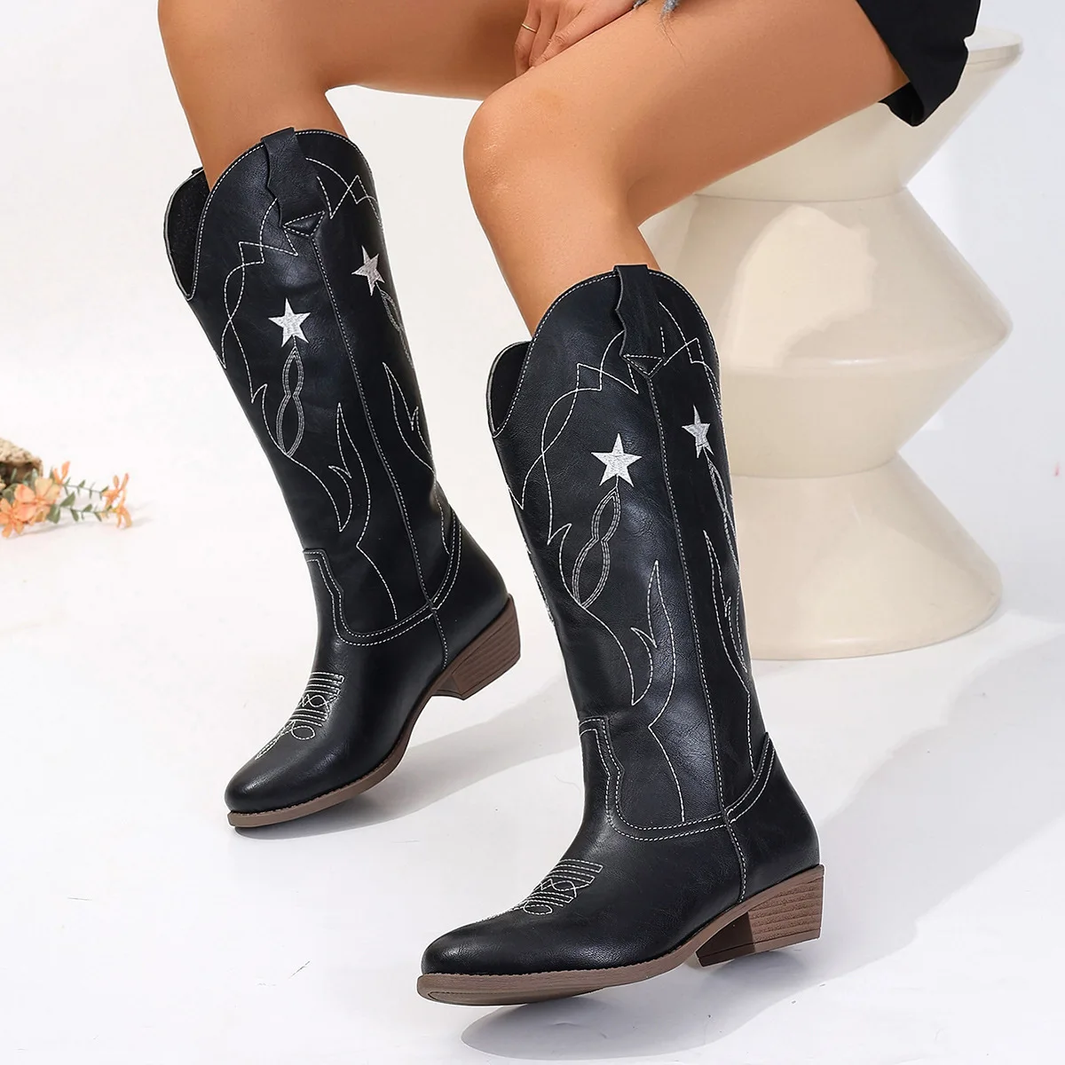 BUSY GIRL mum and me matching cowgirl boots set embroider stars black leather western outdoor riding kids cowboy boots women