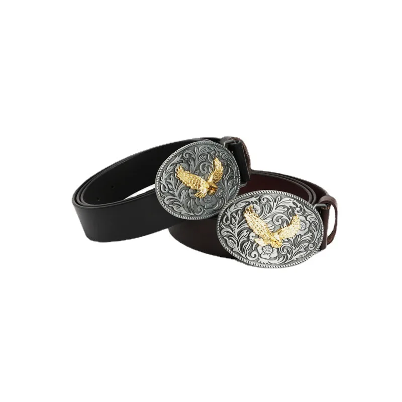Western cowboy style belt Eagle pattern oval men and women share cowhide belt farm Knight belt