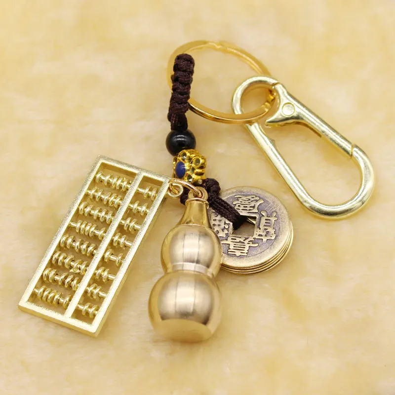 MAIMABrass keychain five emperors money real copper gourd open activity abacus with buckle decorative keychain handmade DIY