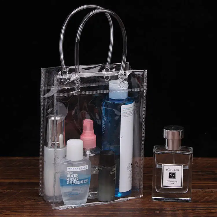 Low MOQ clear transparent pvc beach shopping bag packing bag for gift promotion with handle/top button for closure