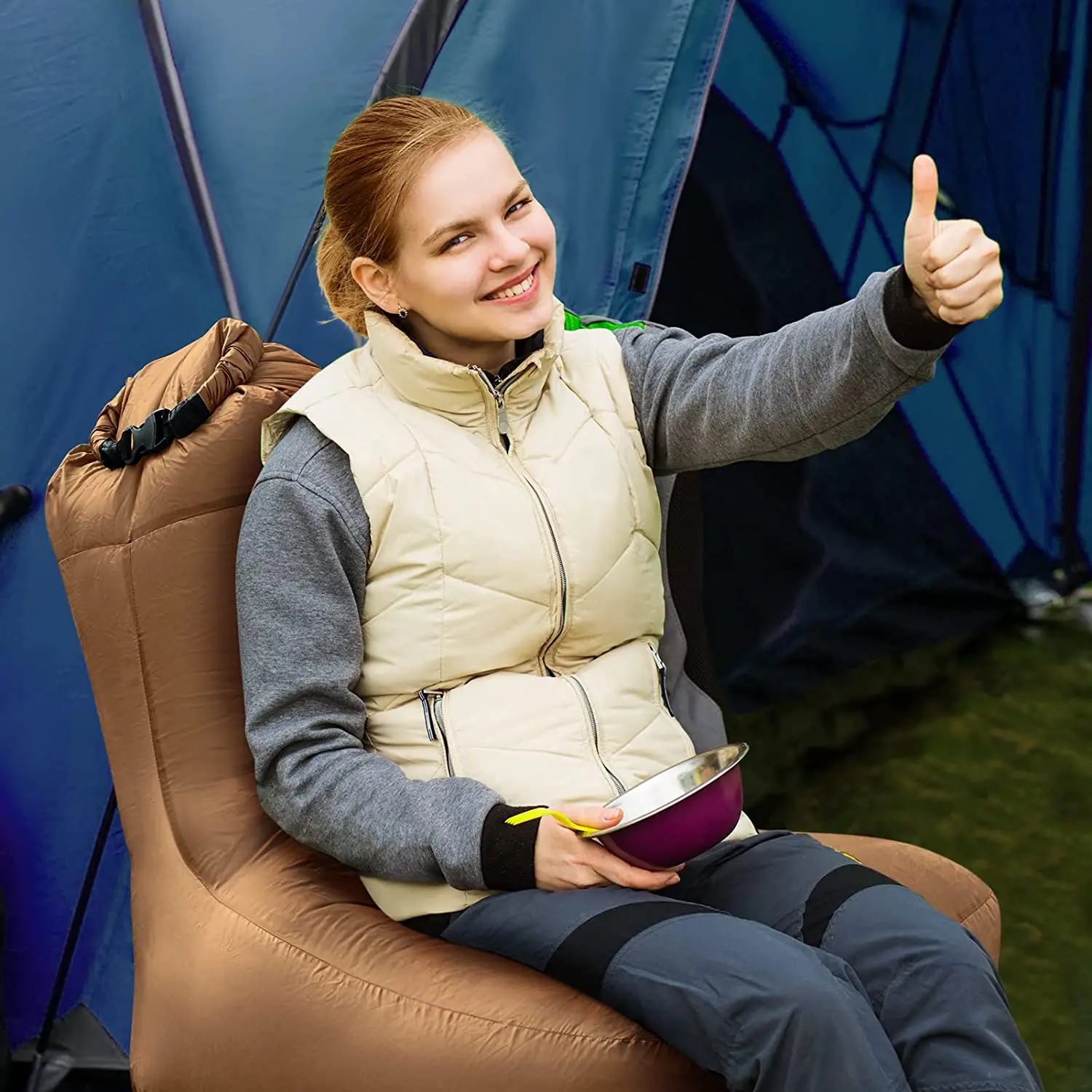 WOQI High quality polyester fibre 210t grid /nylon ripstop inflatable couch air lounger airbed inflatable chair with carry bag