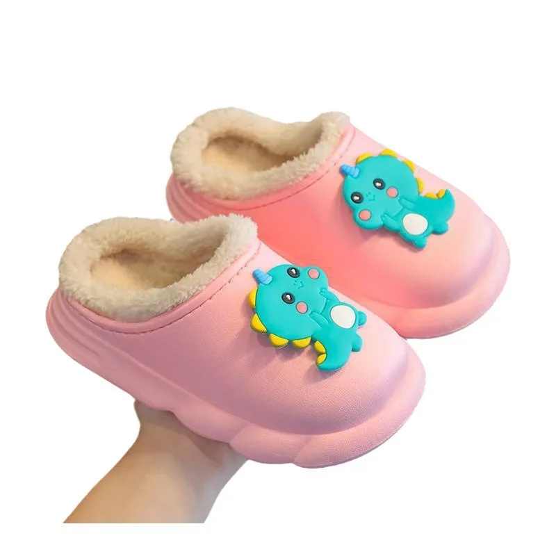 Animal Dinosaur Cartoon Warm Slippers Cute Fashion Winter Waterproof Anti Slip Kids New Bottom Home Plush Slippers For Children