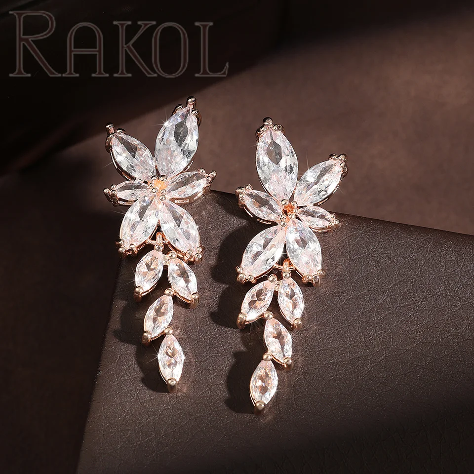 RAKOL EP167 Women Luxury Leaf Shape Wedding Bridal Cubic Zirconia Copper Dangle Earrings